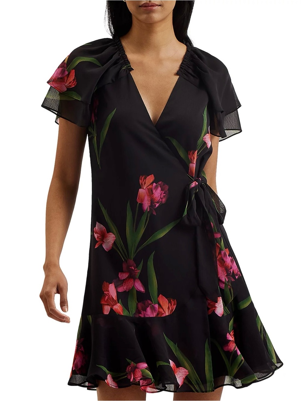 TED BAKER Fasnia Floral Mini Wrap Dress, Black/Pink, NWT